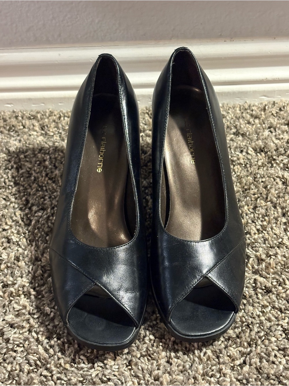 Liz Claiborne Black Leather Peep-Toe Pumps